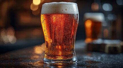 Icy cold beer on dark bar surface perfect for a refreshing drink advertisement or a social gathering invitation with friends ready to celebrate