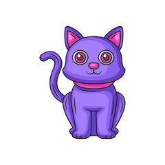 Pixel Art Purple Cat With Pink Collar and Big Pink Eyes Sitting Upright Smiling and Looking Forward Against A White Background