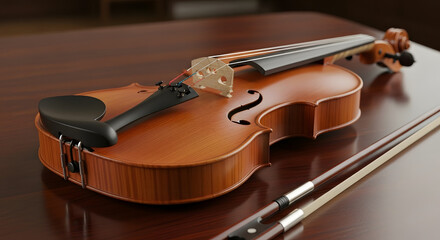 Exquisite classical violin and its accompanying bow gracefully displayed on a polished dark wooden surface, evoking the rich heritage and artistry of string music