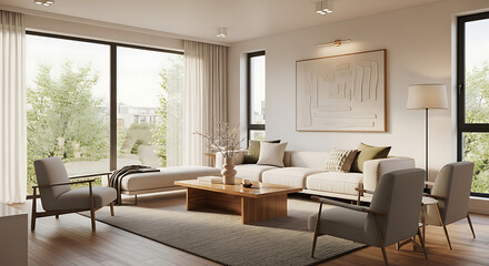 Fototapeta premium Modern Minimalist Living Room Interior with Elegant Furniture, Natural Light, Neutral Tones, Cozy Atmosphere, Wooden Floor, and Contemporary Design for Home Decoration Inspiration 