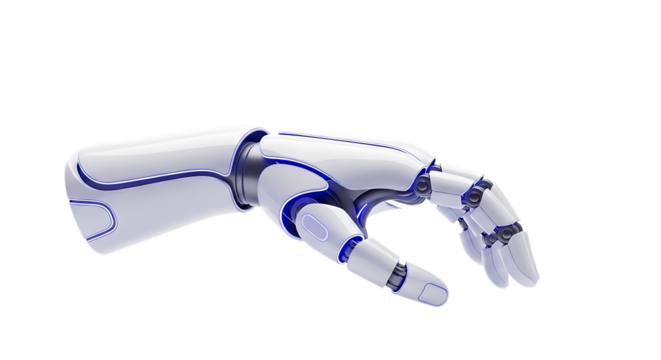 A realistic 3d render of a futuristic robotic hand with blue accents, isolated on a transparent background, symbolizing technology and artificial intelligence
