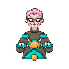 Pixel Art Illustration of a Person with Pink Hair Wearing Glasses Riding a Teal Scooter on a Transparent Background