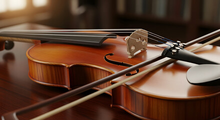 Close-up of Violin and Bow Resting on Wooden Table, Musical Instruments