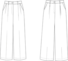 Wide leg trousers front view technical fashion sketch, pants CAD drawing, clothing design flat template, garment vector outline, minimalist apparel illustration