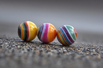 Fototapeta premium Three Colorful Glass Marbles Rolling Across a Pebble Surface