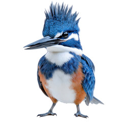 Belted Kingfisher Bird full body view isolated on white or png transparent background