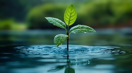 Vibrant sprout emerging into serene waters, symbolizing hope and new beginnings for ecological projects or sustainable business ventures