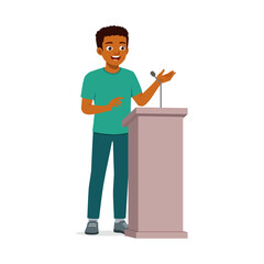 African American Man Giving a Speech at a Podium with a Positive Expression