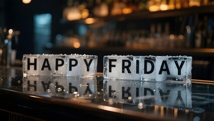Chilled Ice Cubes Forming Happy Friday Text on Bar Counter with Cinematic Lighting and Realistic Reflections