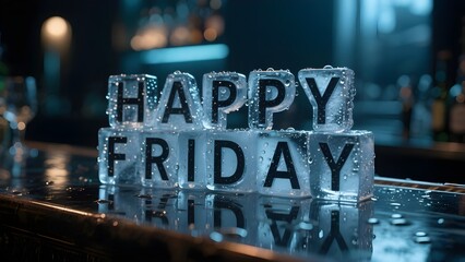 Chilled Ice Cubes Forming Happy Friday Text on Bar Counter with Cinematic Lighting and Realistic Reflections