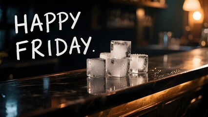 Chilled Ice Cubes Forming Happy Friday Text on Bar Counter with Cinematic Lighting and Realistic Reflections