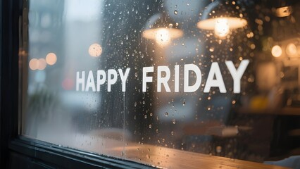 Raindrops on Cafe Window Forming Happy Friday Text with Bokeh City Lights and Cozy Mood