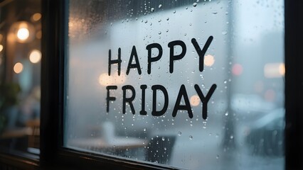 Raindrops on Cafe Window Forming Happy Friday Text with Bokeh City Lights and Cozy Mood