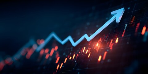 Abstract digital financial chart showing upward trend with glowing lights and data points representing economic growth and investment success
