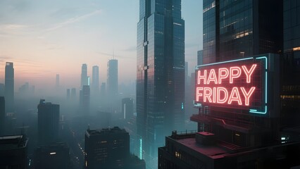 Neon Billboard Displaying Happy Friday Over Futuristic City Skyline at Dusk with Cinematic Glow