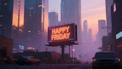 Neon Billboard Displaying Happy Friday Over Futuristic City Skyline at Dusk with Cinematic Glow