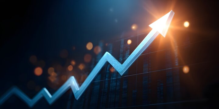 Abstract digital illustration of a bright blue upward trending arrow graph with glowing lights symbolizing financial growth and success