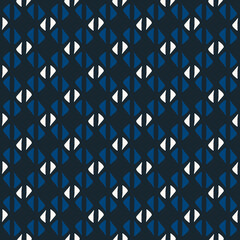 Simple geometric pattern abstract diamond shapes motif minimal background. Small triangle elements modern fabric design textile swatch ladies dress, man shirt all over print block. Blue, white colors.