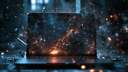 A hyperrealistic laptop screen shatters into glowing shards, suspended mid-air. Fragments emit vibrant light, capturing dynamic motion, digital disruption, and futuristic energy in a dramatic tech-ins
