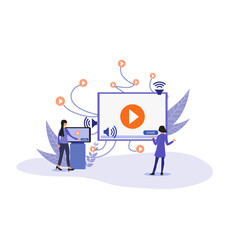 Two People Interacting With Digital Screens Showing Play Buttons And Audio Icons Surrounded By Abstract Plant Graphics With Orange Play Icons Floating In The Air On A Transparent Background