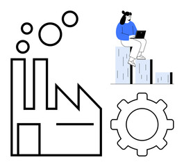 Factory with smoke, gearwheel, woman seated on bar graph using laptop. Ideal for industry, work efficiency, analysis, innovation, growth technology sustainability. Minimal design as a simple flat