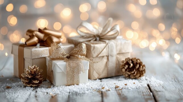 Christmas Gifts: An array of elegantly wrapped gift boxes and golden pinecones are displayed amidst a dusting of artificial snow with a backdrop of shimmering lights.