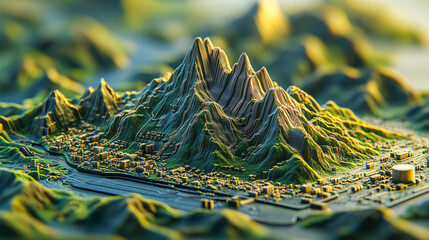 Futuristic circuit board forming a mountain range silhouette, symbolizing technology, innovation, and the fusion of nature with digital landscapes in a modern abstract concept.