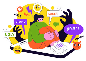 Cyberbullying Illustration Featuring Online Harassment, Network Abuse, and Negative Internet Influence Such as Insults, Swearing, and Verbal Abuse