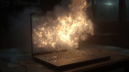 A hyperrealistic laptop screen shatters into glowing shards, suspended mid-air. Fragments emit vibrant light, capturing dynamic motion, digital disruption, and futuristic energy in a dramatic tech-ins