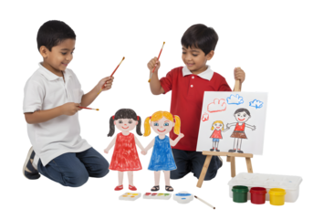 Kids Painting and Playing on transparent background