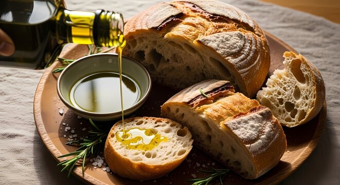 Olive oil being poured onto bread on a wooden plate with rosemary.