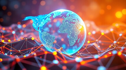 A glowing digital earth floats above a network of interconnected lines and nodes, symbolizing global connectivity and the future of communication technology.