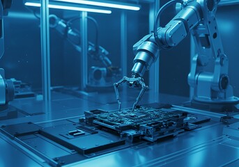 Advanced robotic arms meticulously assembling intricate electronic circuit boards in a futuristic high-tech factory setting