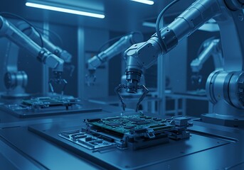 The future of manufacturing with automated robotic arms precisely assembling computer circuit boards in a cleanroom environment