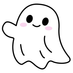 Adorable cartoon ghost illustration with pink cheeks and a happy smile. Perfect for Halloween decorations, stickers, party invitations, or spooky-themed designs in a cute style.