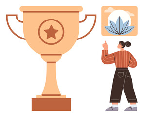 Woman in casual attire pointing at a serene lotus flower in a frame beside a large star-marked trophy. Ideal for success, achievement, motivation, goals, mindfulness, personal growth, simple flat