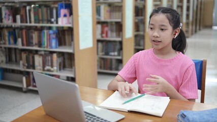 Laptop, headset and online learning with a child talking for presentation, lesson or reading speech. Young girl student with tech for online education, video call and development or virtual class. - Powered by Adobe