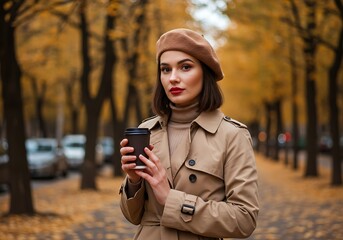 Woman in trench coat and beret with coffee, walking down autumn tree-lined street in fall