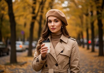 Woman in Trench Coat with Coffee Cup on a Walk Through Autumn Trees