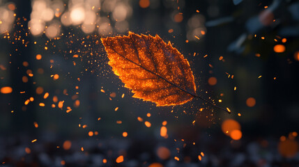 A leaf splitting into multiple glowing fragments mid air symbolizing transformation growth and energy representing the delicate balance between nature change and dynamic motion