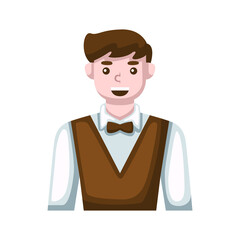 Pixel art smiling man with brown hair wearing a brown bowtie and vest over a white shirt against a transparent background