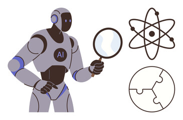 Robot labeled AI investigating with a magnifying glass alongside atom and puzzle pieces. Ideal for science, artificial intelligence, technology, research, analysis, problem-solving, education. Simple