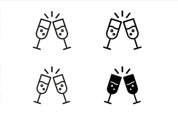 Champagne toast cheers vector icon set. Party celebration illustration. Thin line trendy design of glasses clinking with bubbles. 4 styles for festive events. Transparent background.
