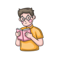 Pixel Art Student with Glasses Reads a Pink Covered Book on a White Background Wearing a Yellow Polo Shirt Detailed Illustration