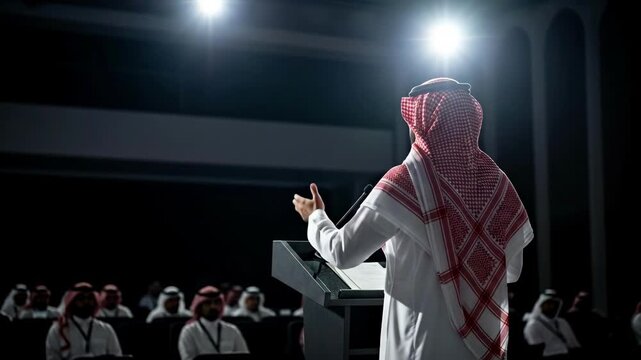 Rear view of a Saudi business leader in traditional shemagh giving a speech at a conference. For Saudi business forums, Vision 2030 content, leadership seminars & government event visuals.