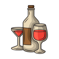 Pixel Art Vector Illustration of a Wine Bottle and Two Full Glasses of Red Wine With a Brown Label On The Bottle and Transparent Background