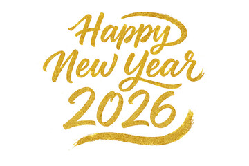 Happy New Year 2026 golden glitter text. Calligraphy brush script lettering for holiday greeting card. Vector illustration for New Year's Eve celebration. Sparkle typography.