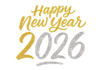 Happy New Year 2026. Gold and silver glitter text effect. Calligraphy brush lettering vector. Festive holiday greeting card design. Luxury sparkle typography isolated.