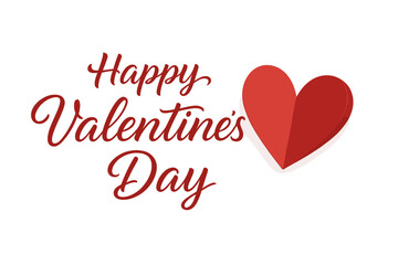 Happy Valentine's Day calligraphy text with paper cut heart. February 14th vector banner for greeting card. Romantic love symbol illustration. Isolated on transparent background.