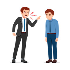 Angry Boss Scolding Sad Employee Pointing Finger with Red Lightnings in Office Bullying